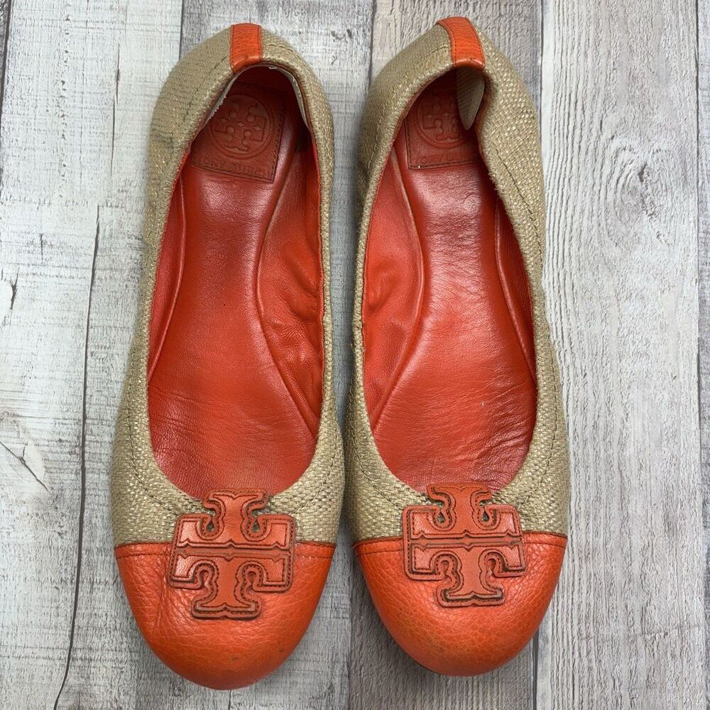 Tory Burch Carita Women's Size 11 Slip On Ballet Flats Leather Raffia Orange